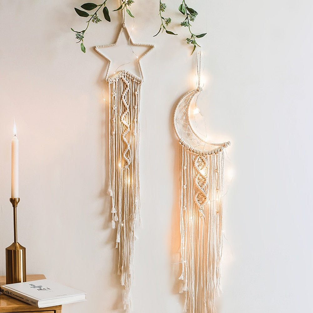 Star Moon Macrame Dream Catcher Boho Home Wall Decor Girls Kids Nursery Garden Decoration Outdoor Gifts With Light