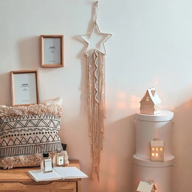 Star Moon Macrame Dream Catcher Boho Home Wall Decor Girls Kids Nursery Garden Decoration Outdoor Gifts With Light