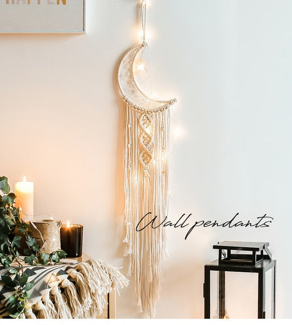 Star Moon Macrame Dream Catcher Boho Home Wall Decor Girls Kids Nursery Garden Decoration Outdoor Gifts With Light