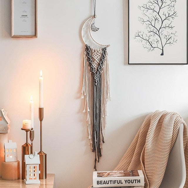 Star Moon Macrame Dream Catcher Boho Home Wall Decor Girls Kids Nursery Garden Decoration Outdoor Gifts With Light