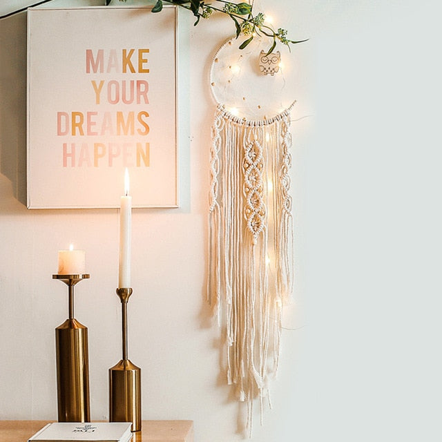 Star Moon Macrame Dream Catcher Boho Home Wall Decor Girls Kids Nursery Garden Decoration Outdoor Gifts With Light