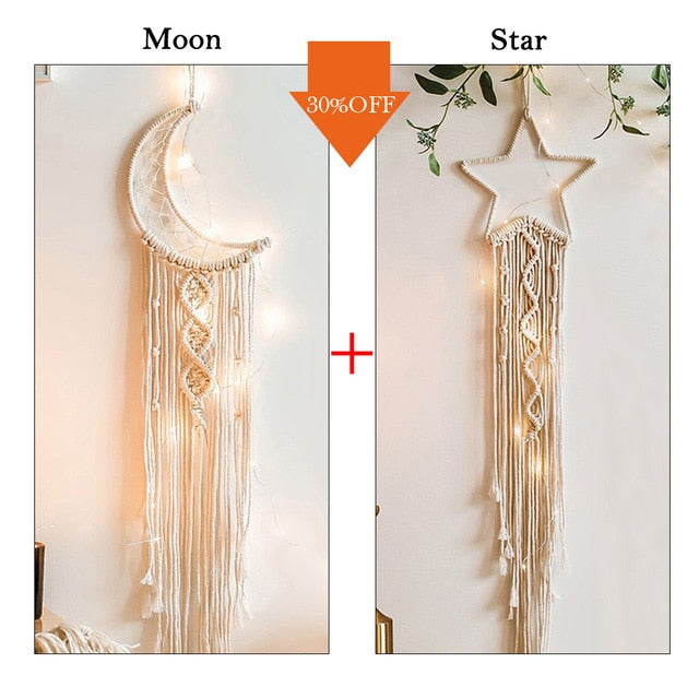 Star Moon Macrame Dream Catcher Boho Home Wall Decor Girls Kids Nursery Garden Decoration Outdoor Gifts With Light