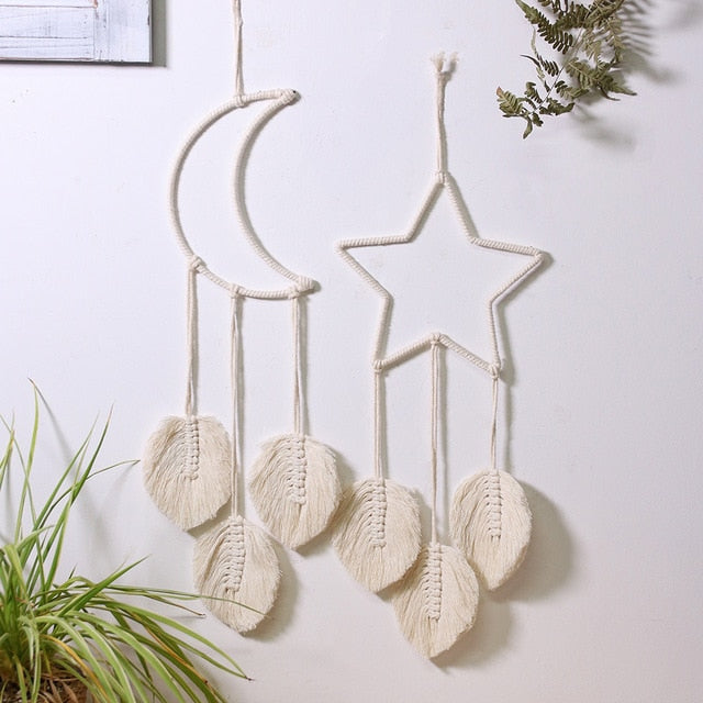 Star Moon Macrame Dream Catcher Boho Home Wall Decor Girls Kids Nursery Garden Decoration Outdoor Gifts With Light