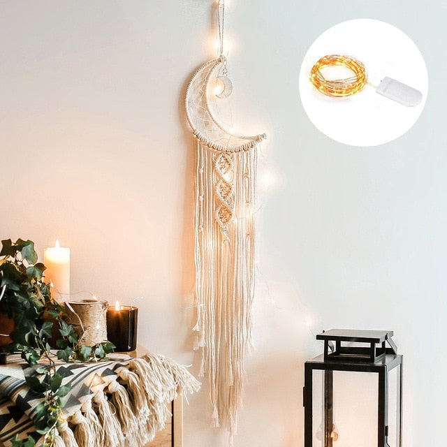 Star Moon Macrame Dream Catcher Boho Home Wall Decor Girls Kids Nursery Garden Decoration Outdoor Gifts With Light