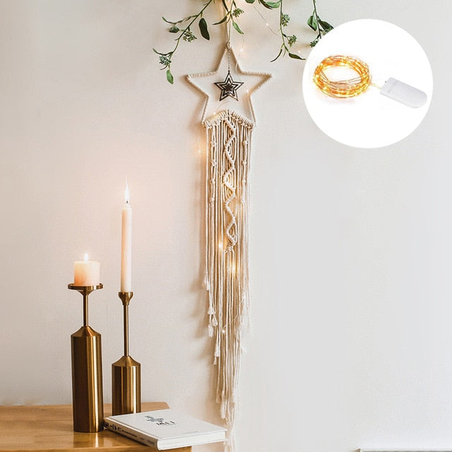 Star Moon Macrame Dream Catcher Boho Home Wall Decor Girls Kids Nursery Garden Decoration Outdoor Gifts With Light