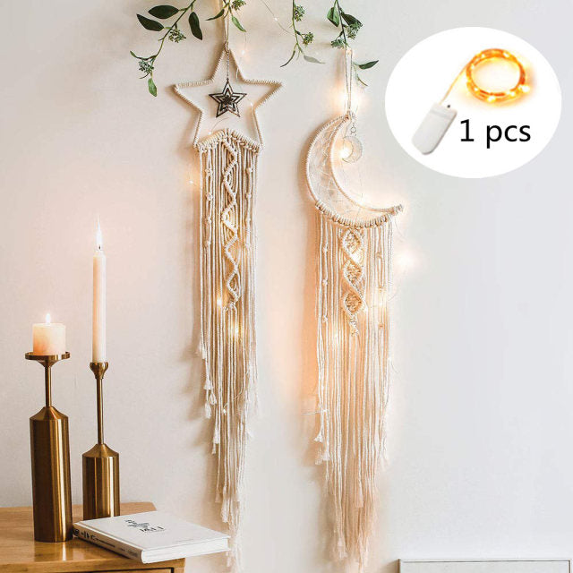 Star Moon Macrame Dream Catcher Boho Home Wall Decor Girls Kids Nursery Garden Decoration Outdoor Gifts With Light