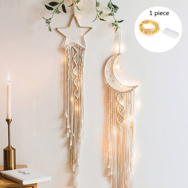 Star Moon Macrame Dream Catcher Boho Home Wall Decor Girls Kids Nursery Garden Decoration Outdoor Gifts With Light